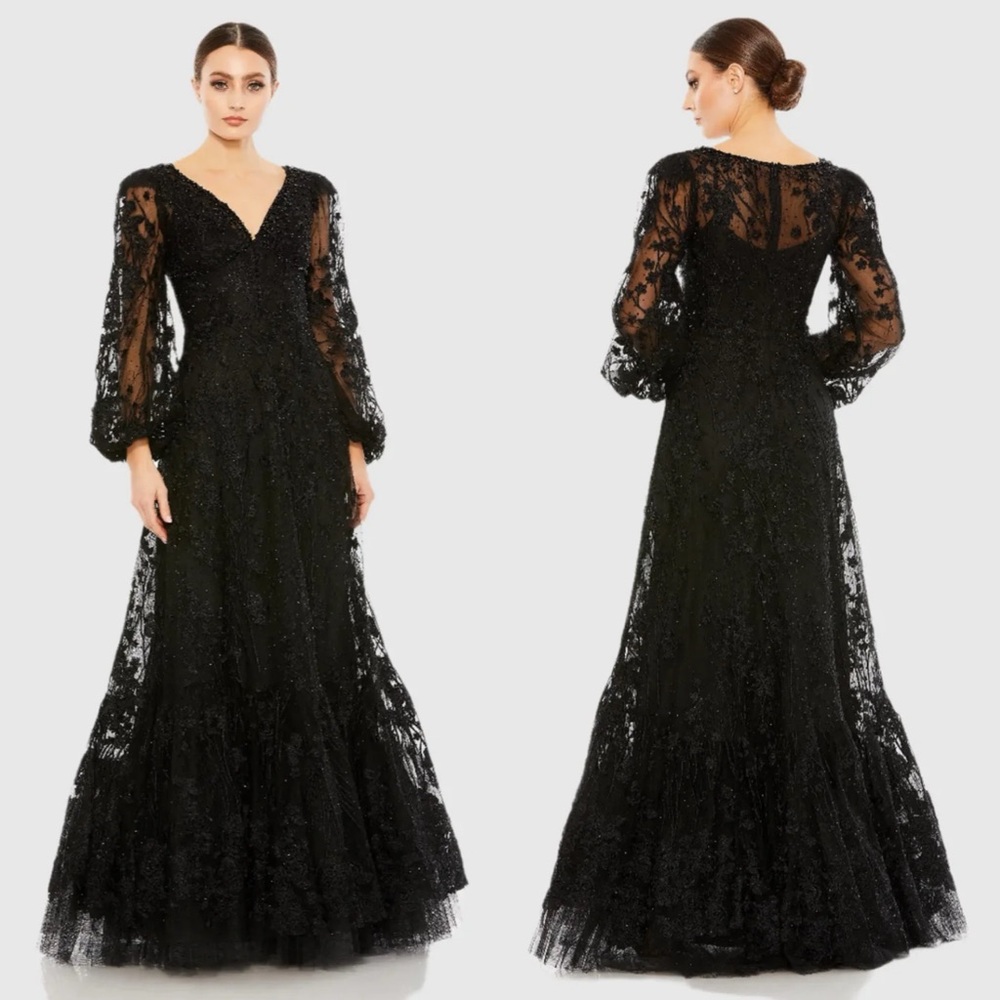 NWT Mac Duggal 20430 Black Puff Sleeve A-Line Beaded Embroidered Gown